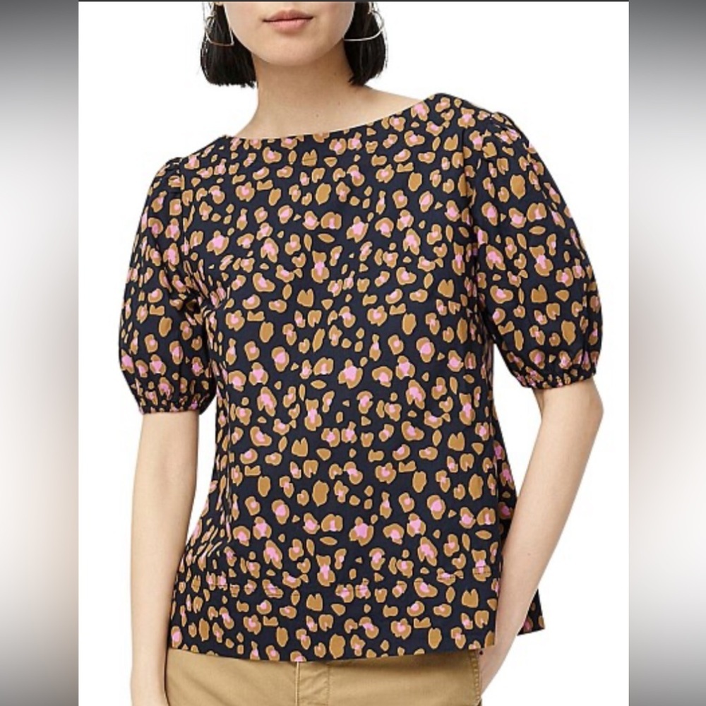 J.Crew navy animal print Marlene Puff Top Mod Leopard size Small cotton blouse